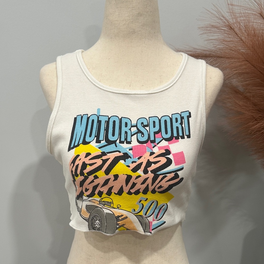 White Graphic Motor-Sport Tank Top with Multicolor‎ Print
